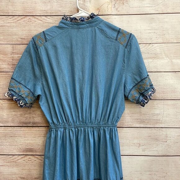 ANTHROPOLOGIE RED + OLIVE PEASANT MAXI DRESS IN BLUE CHAMBRAY - Picture 6 of 9